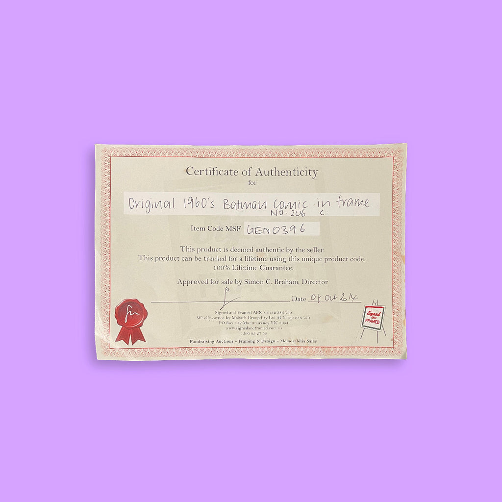 Certificate of Authenticity for Batman comic on a purple background