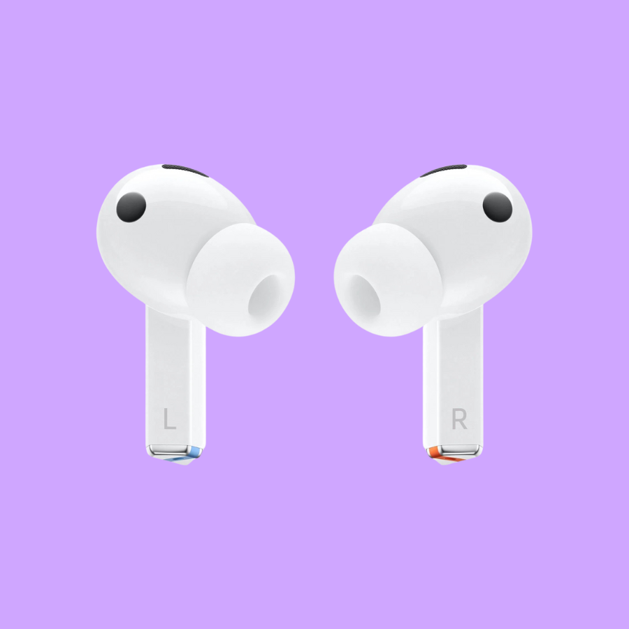 White wireless earbuds labeled 'L' and 'R' on a purple background