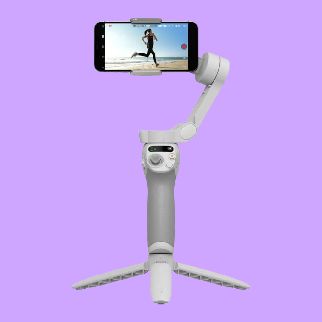 Smartphone mounted on a gimbal against a purple background