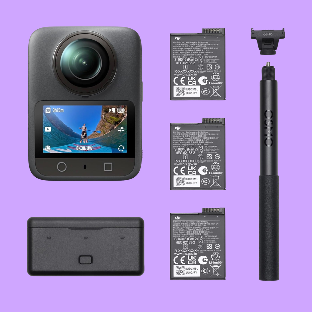 Action camera with accessories on a purple background