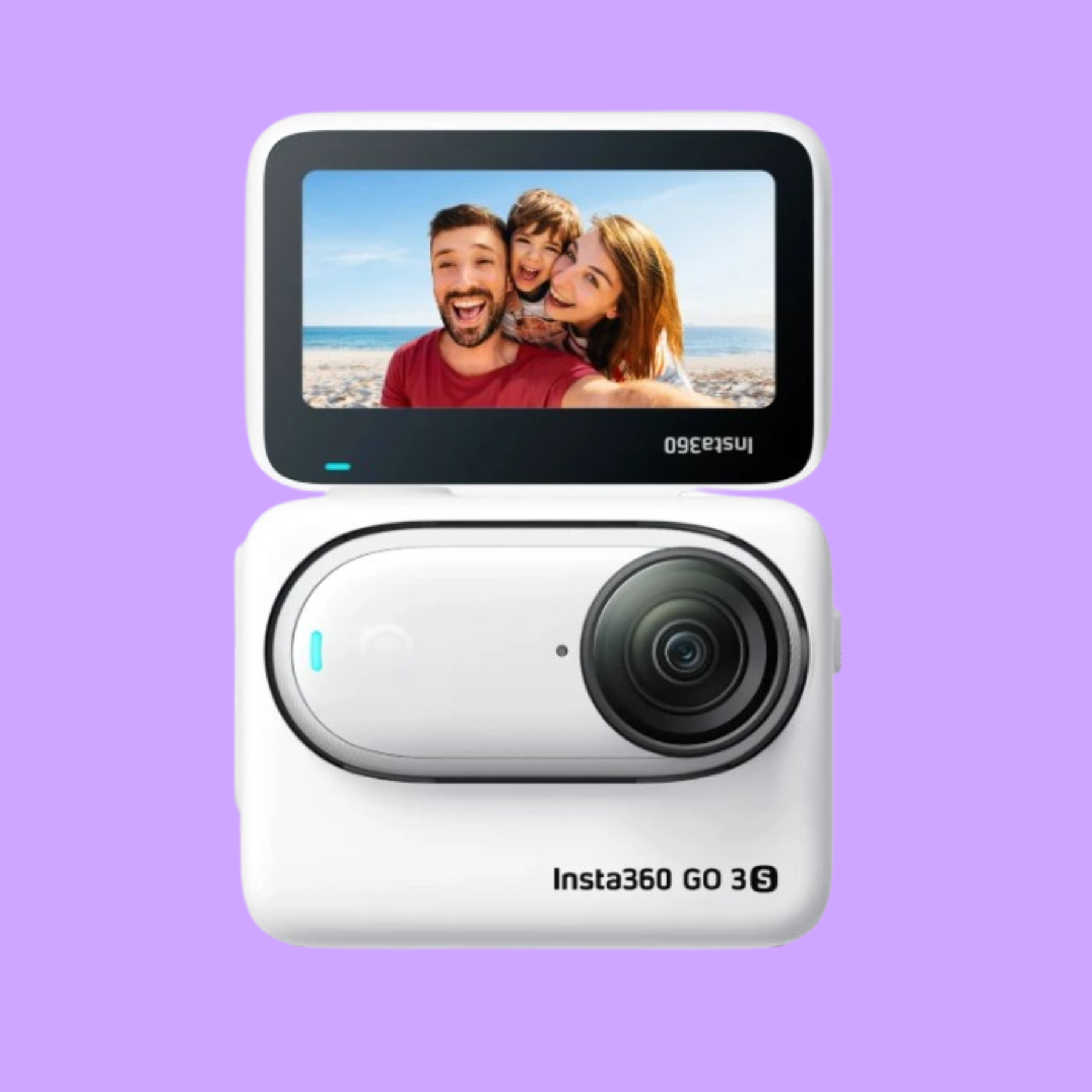 Insta360 GO 3S camera with a screen displaying a family photo on a purple background