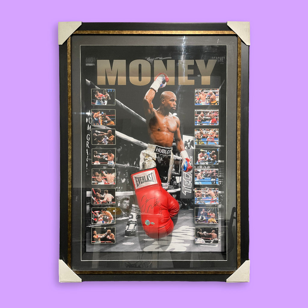 Framed boxing memorabilia with a boxer in action pose and 'Money' text.