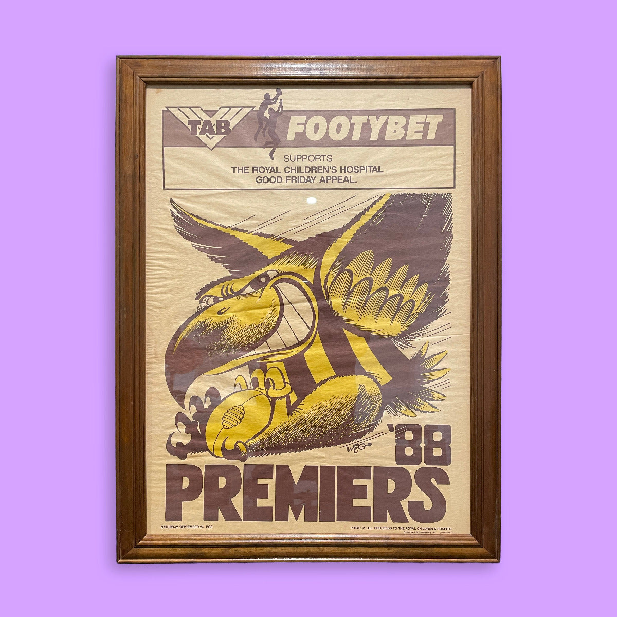 Framed poster with a yellow and black illustration of a hawk holding a football, on a purple background.