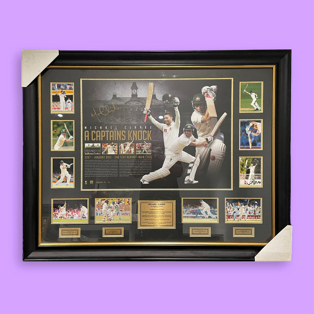 Framed sports memorabilia collage on a purple background