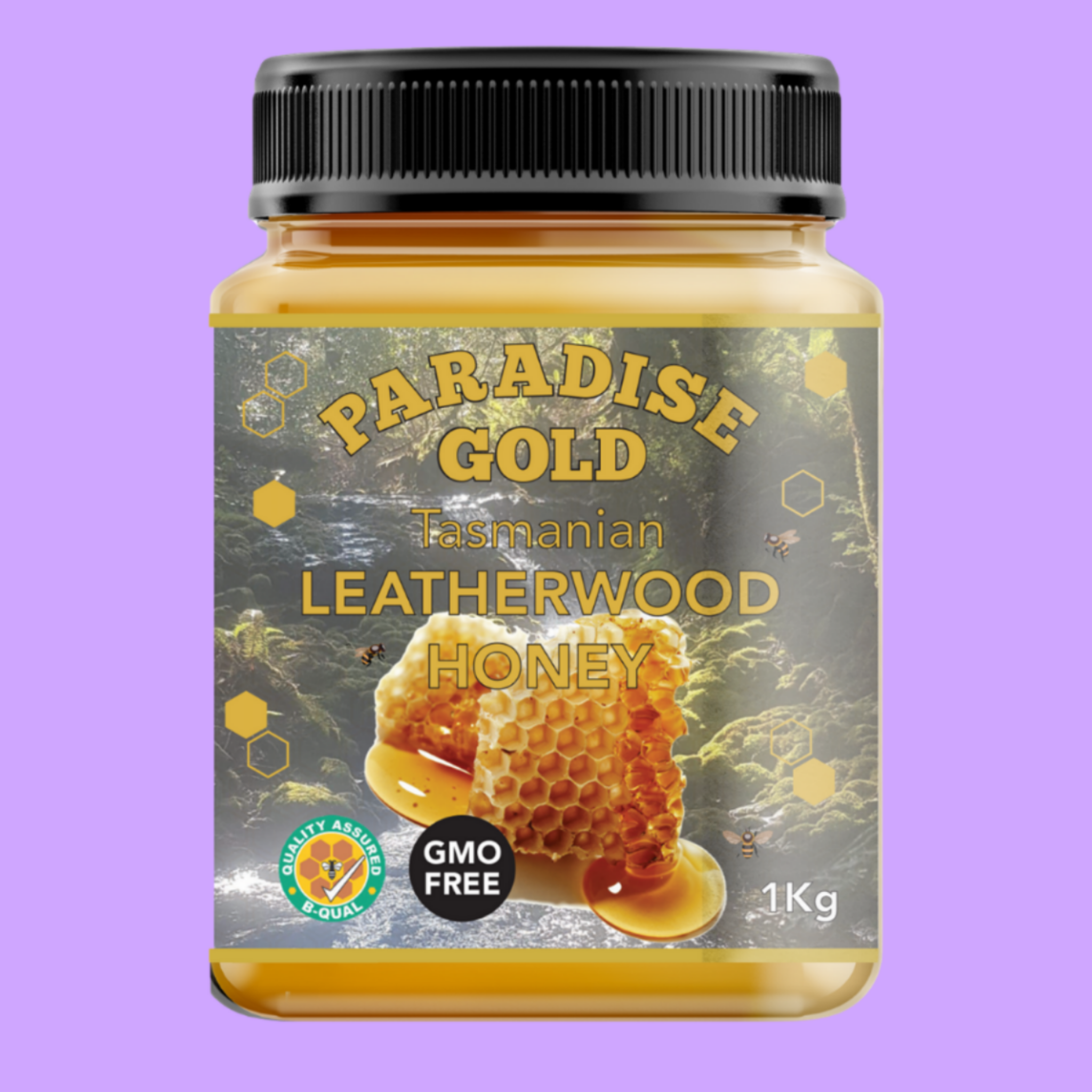 Jar of Paradise Gold Tasmanian Leatherwood Honey on a purple background