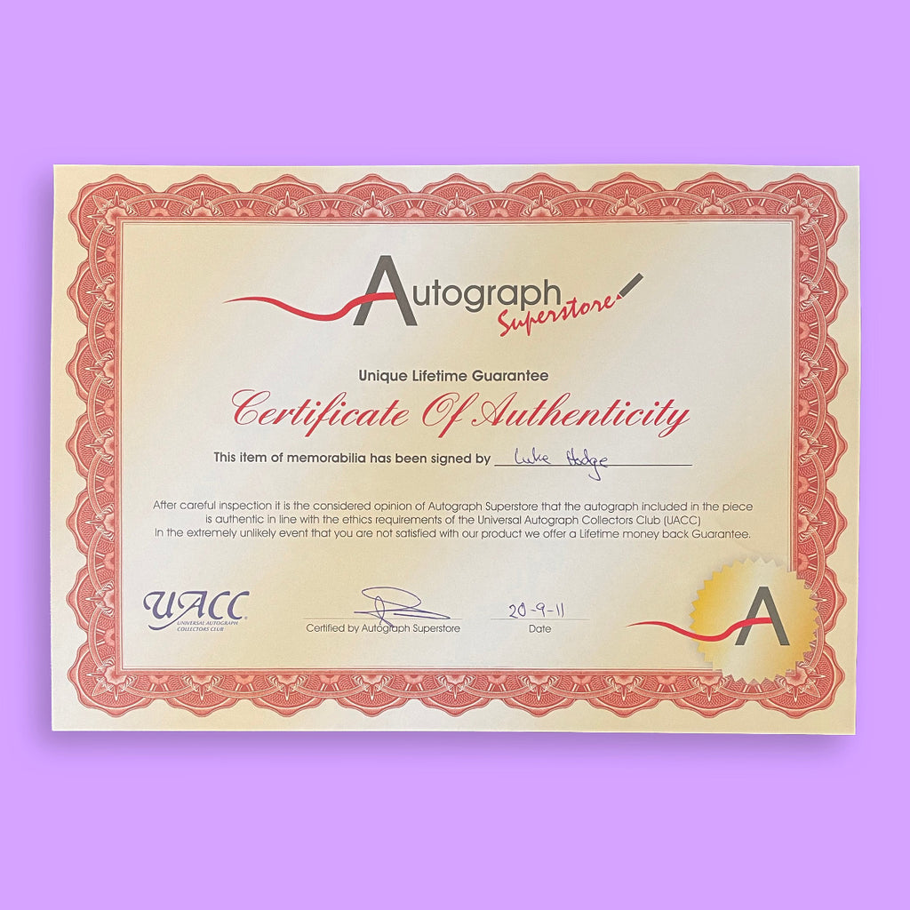 Certificate of Authenticity from Autograph Superstore on a purple background
