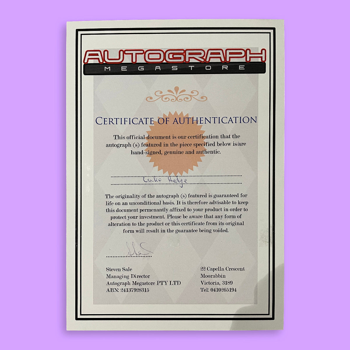 Signed Certificate of authentication Luke Hodge Shoe