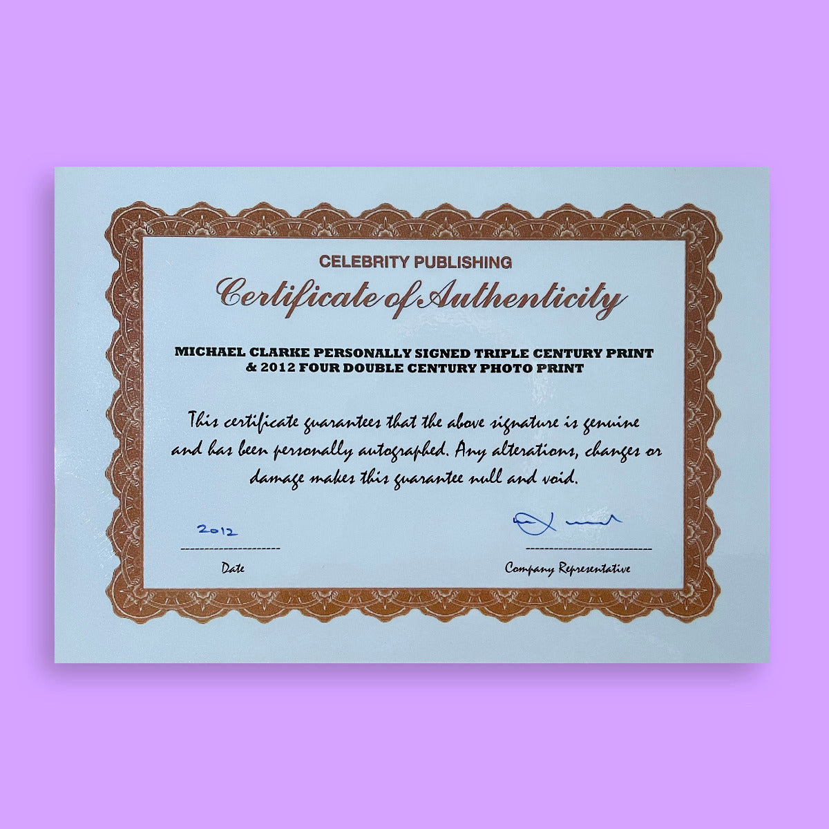 Certificate of Authenticity on a light blue background with a purple border