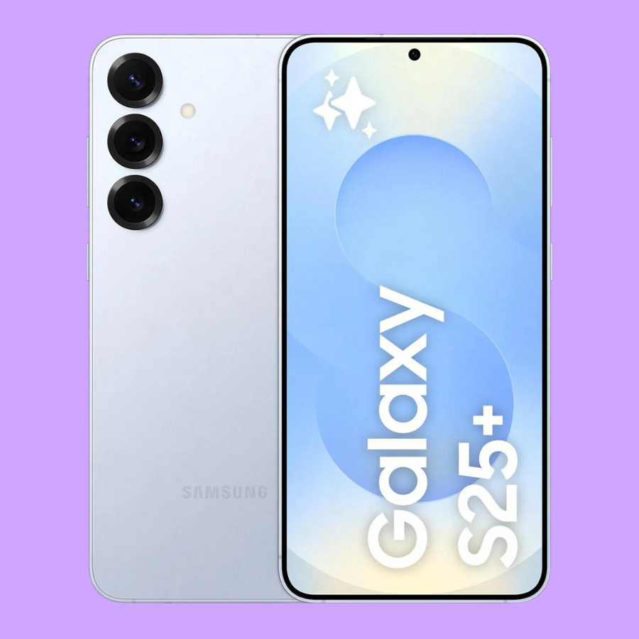 Samsung Galaxy S25+ smartphone showing front and back on a purple background