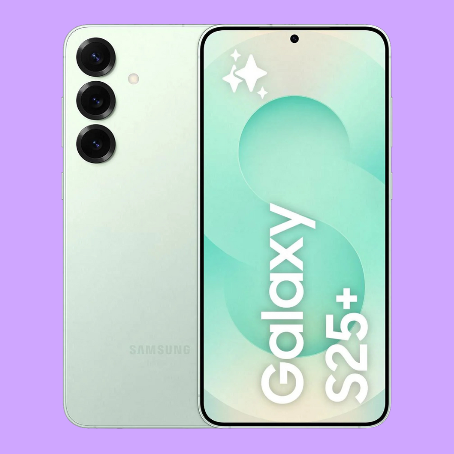 Samsung Galaxy S25+ smartphone on a purple background