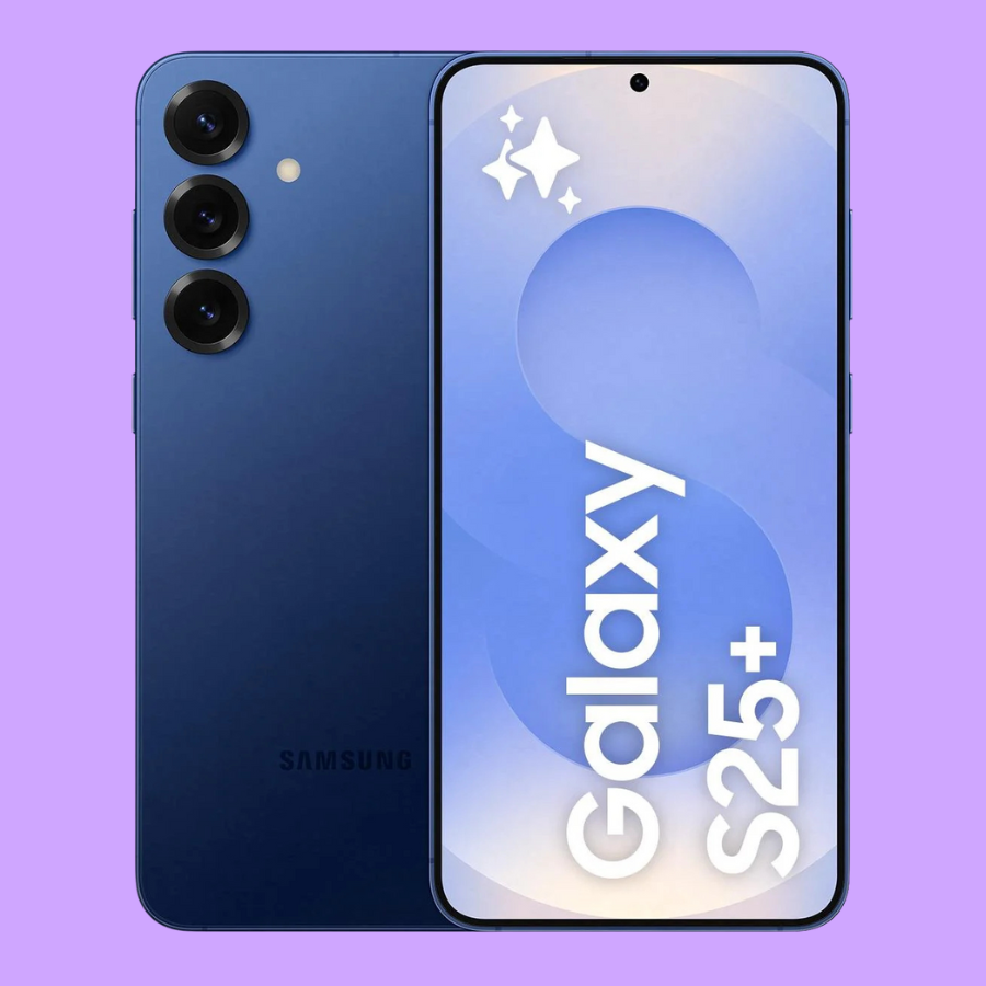Samsung Galaxy S25+ smartphone showing front and back on a purple background