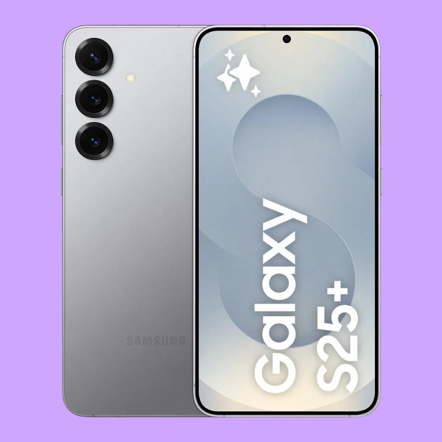Samsung Galaxy S25+ smartphone showing front and back on a purple background