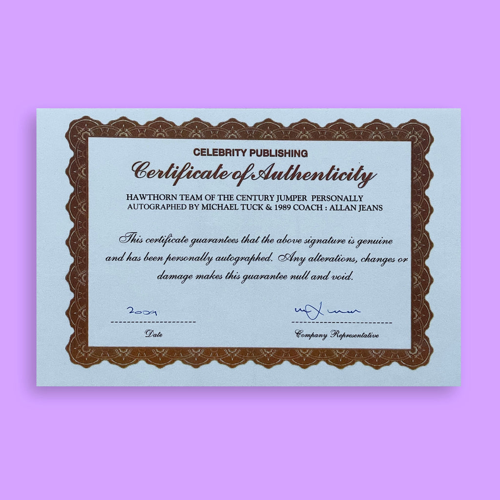 Certificate of authenticity on a purple background