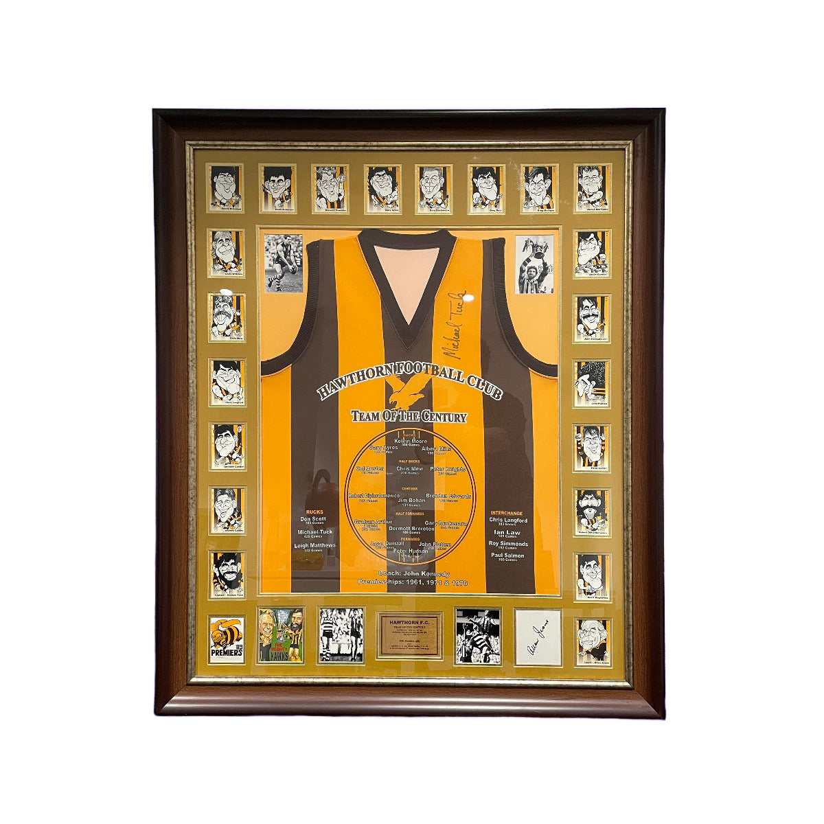 Framed sports jersey with player photos on a purple background