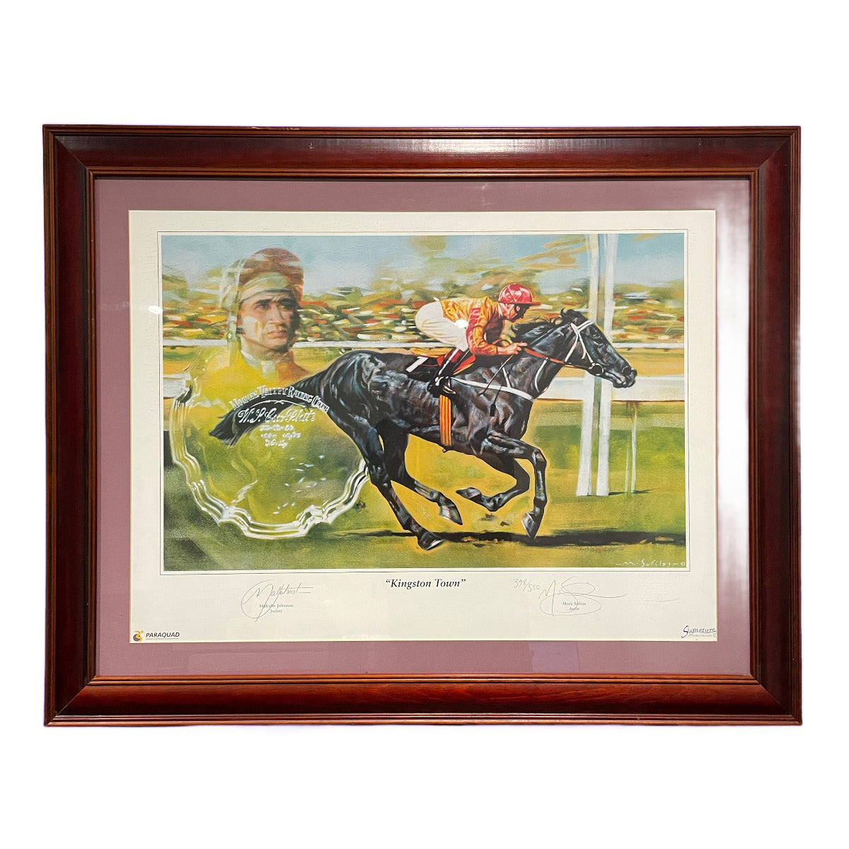 Framed artwork of a jockey on a horse against a purple background