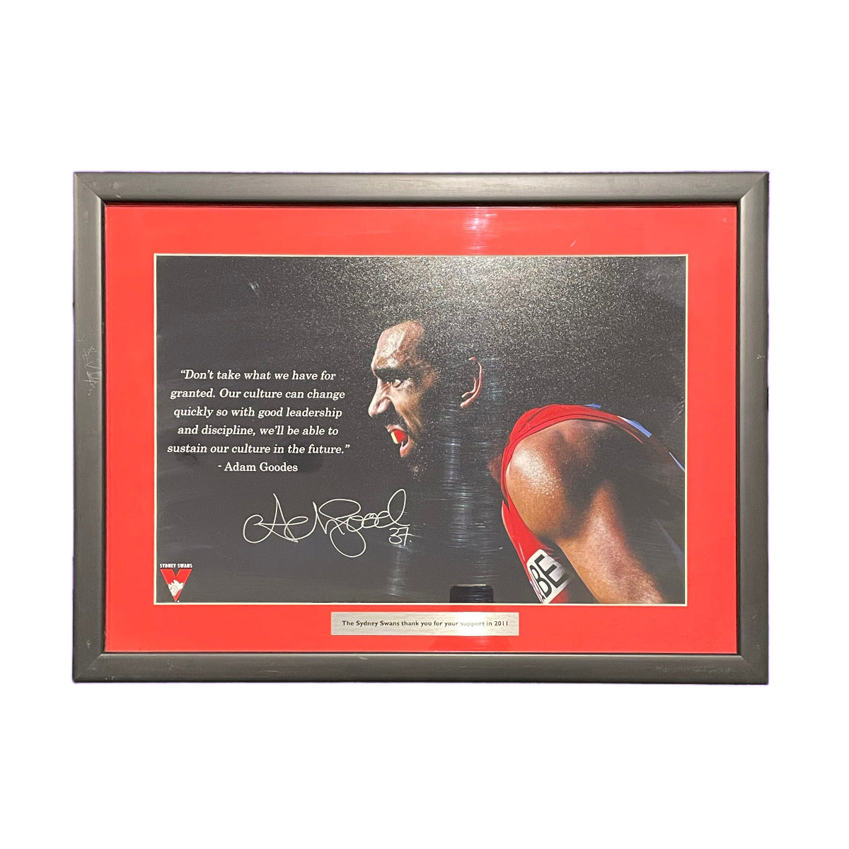Framed sports poster with a player's image and quote on a gray background