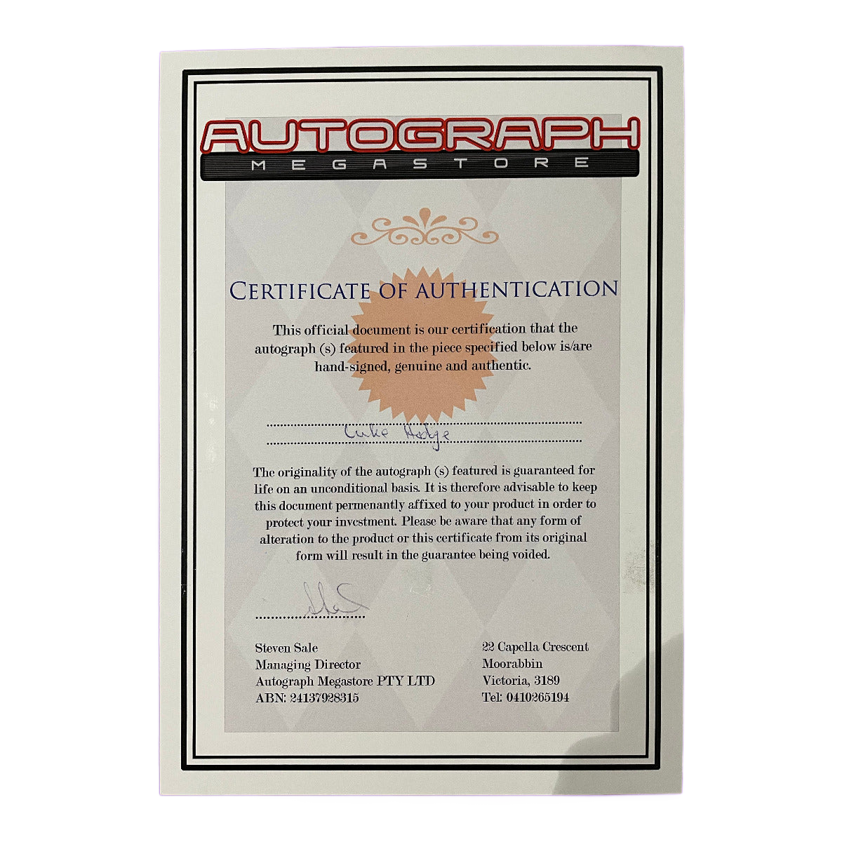 Signed Certificate of authentication Luke Hodge Shoe