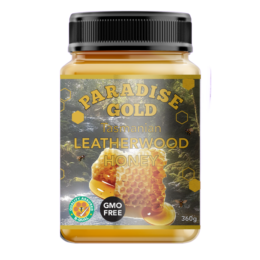 Jar of Paradise Gold Tasmanian Leatherwood Honey on a purple background