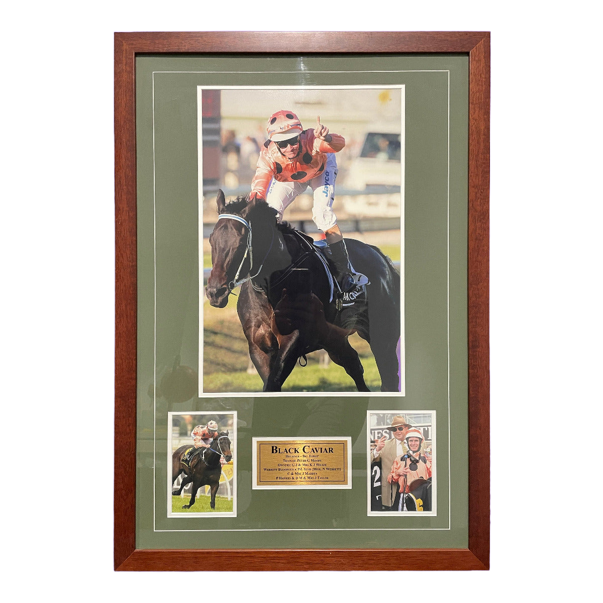 Framed picture of a jockey on a horse with additional images and text on a purple background