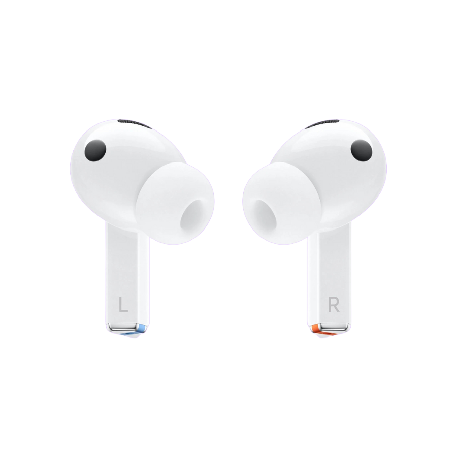 White wireless earbuds labeled 'L' and 'R' on a purple background